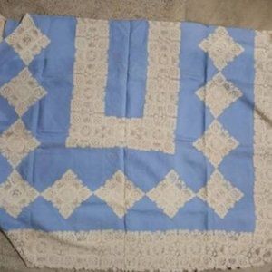 Vintage Blue Ecru Lace Tablecloth*Oversized Tablecloth